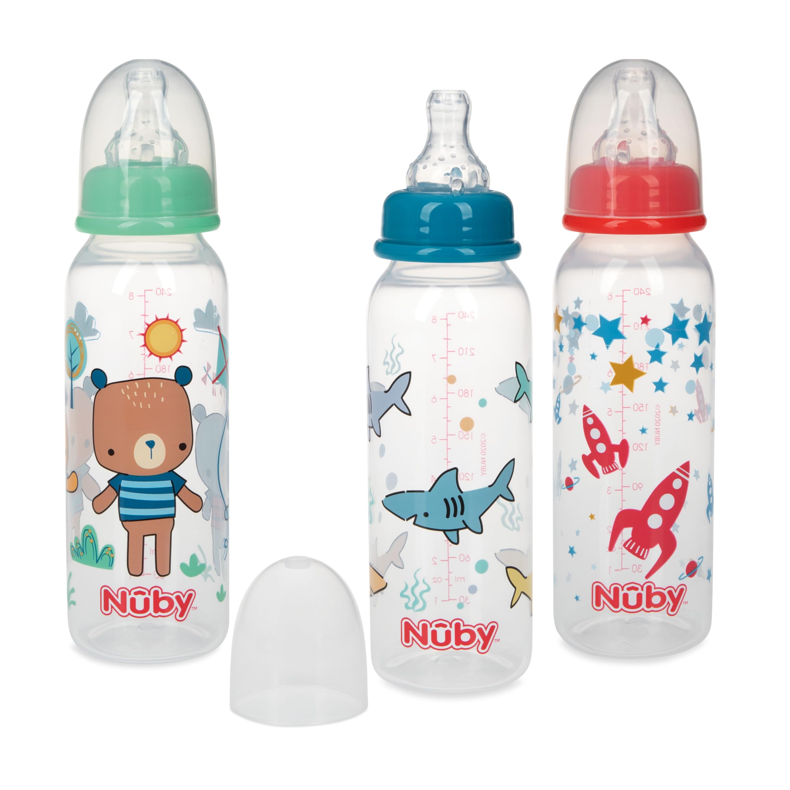 Nuby Non-Drip Standard Neck Baby Bottles - (3 Pack) 4 oz - Vari-Flo Flow Control Nipple - Anti-Colic Air System - 0+ Months - Bear/Shark/Rocket