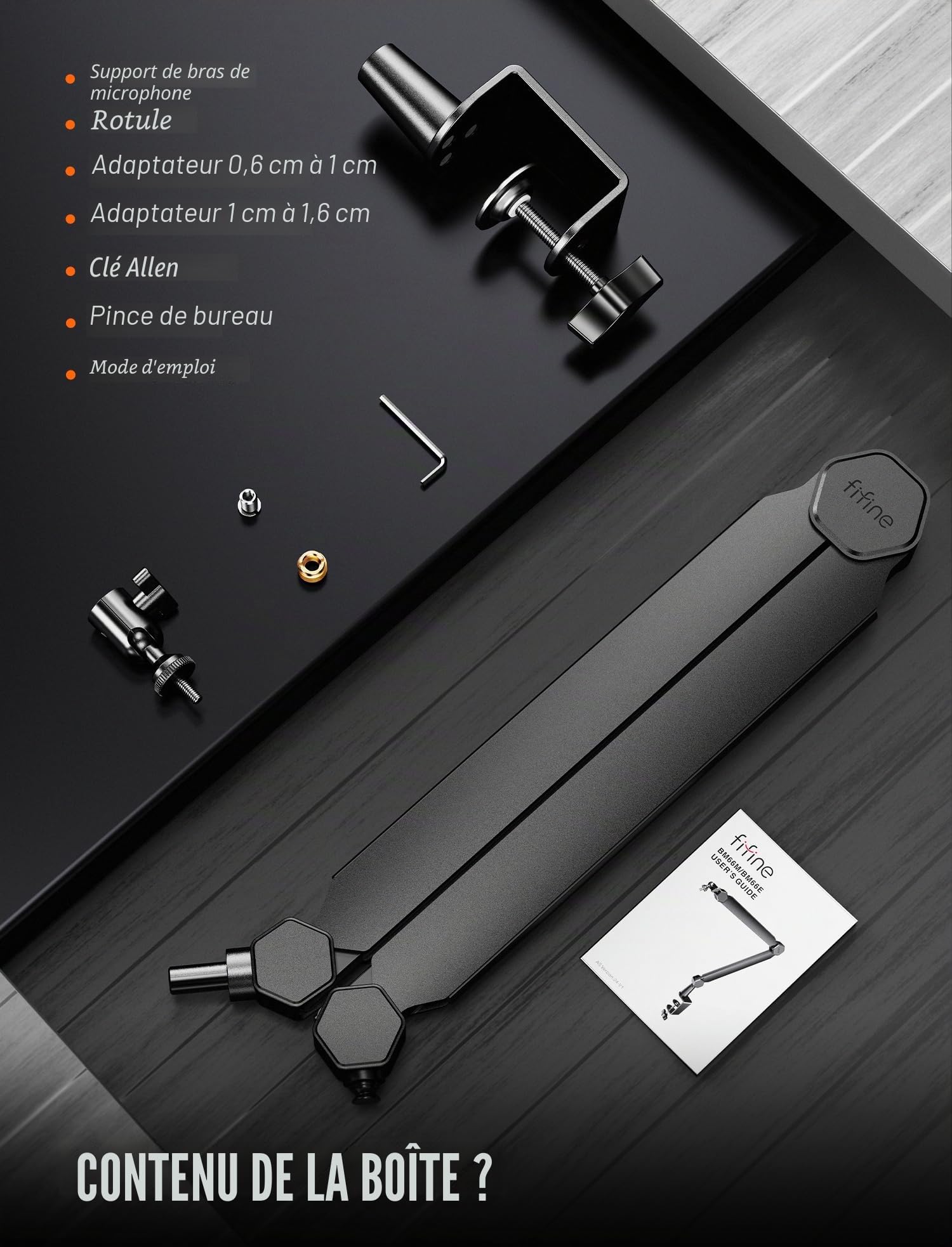 FIFINE BM66 Bras de micro avec canal de gestion des câbles, entièrement réglable, support de micro en métal robuste avec pince de fixation de bureau pour enregistrement de podcast, bureau à domicile