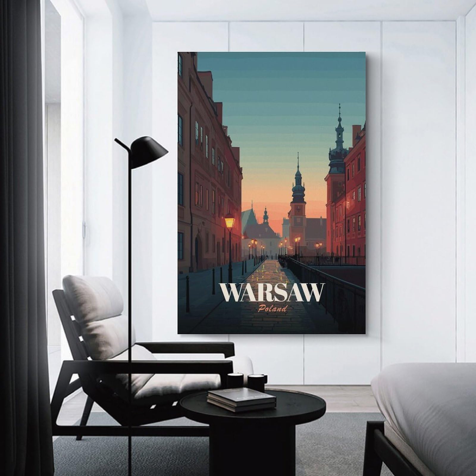 Junmoney Warsaw, Poland Cityscape at Dusk Room Decor Wall Art, 08x12inch(20x30cm), for Entrance Walls, Hall Decor Or Foyers, A Neat Decor Update for Hallways