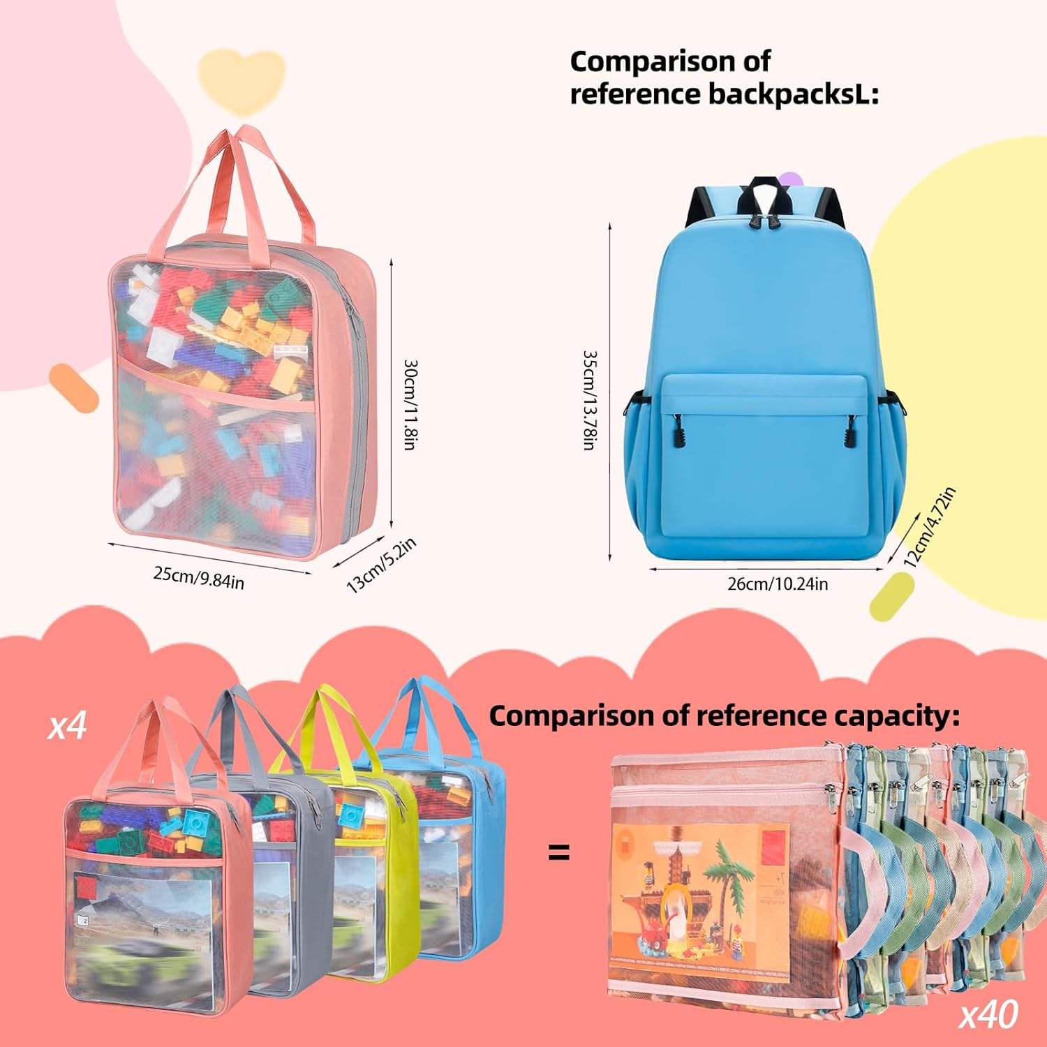 4 Pack Extra Large Mesh Toy Zipper Storage Bags(11.8 * 9.8 * 5.2in),Magnetic Tiles Block Sets Plush Toy Storage Organizer with Pockets, Travel Breathable See Through Colored Pouch with Handle - Image 3