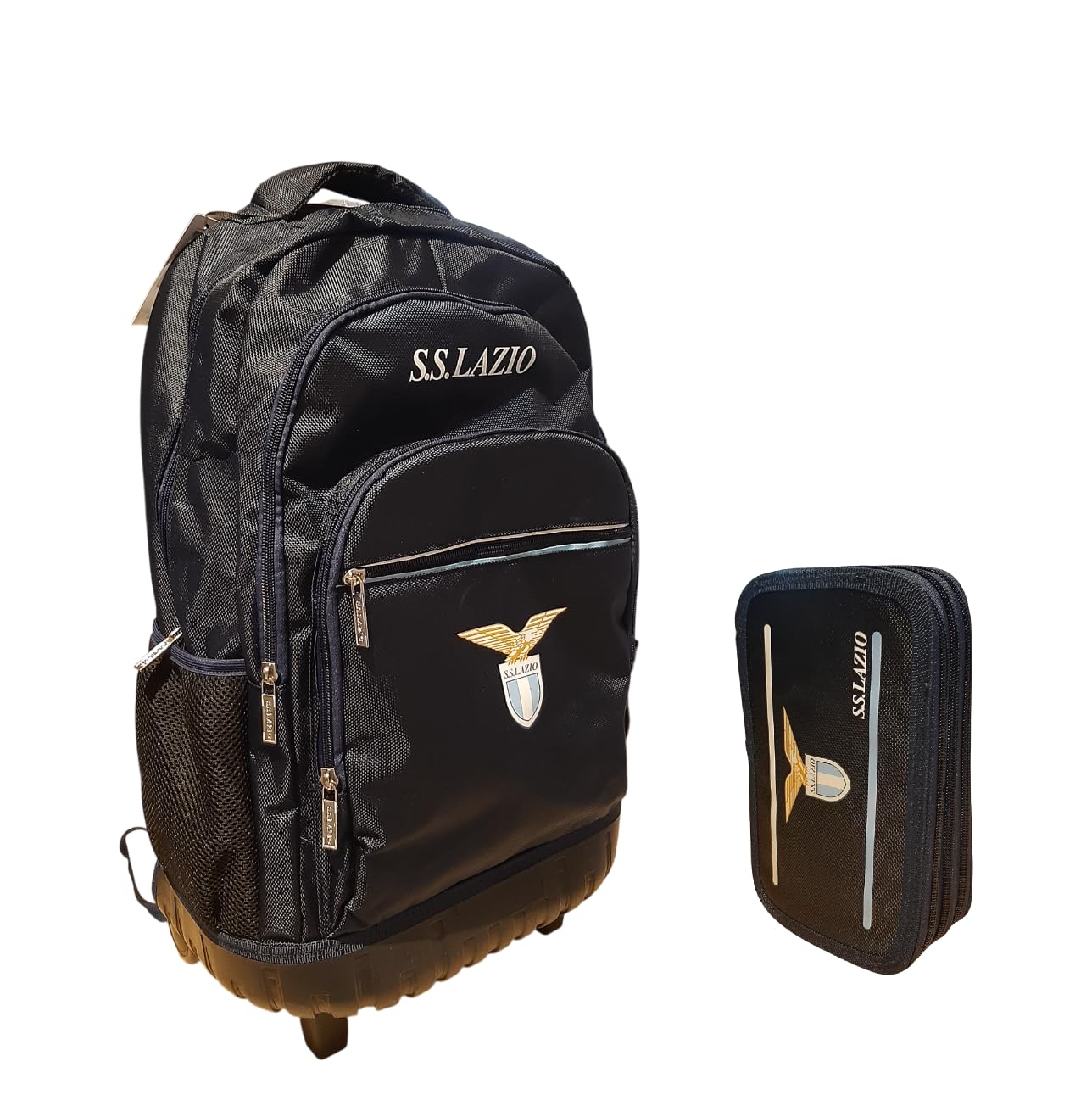 PRESTIGE & DELUXE Trolley zaino scuola Lazio Blu Triplo scomparto + astuccio 3 piani zip completo di cancelleria + 7 penne cancellabili e portachiave calcio