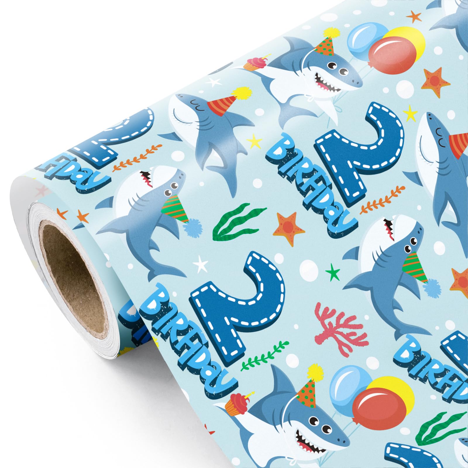 WRAPAHOLIC Rollo de papel de regalo de segundo cumpleaños – Mini rollo – 17 pulgadas x 16.5 pies – Papel de regalo colorido de tiburón océano perfecto para cumpleaños de niños, baby shower