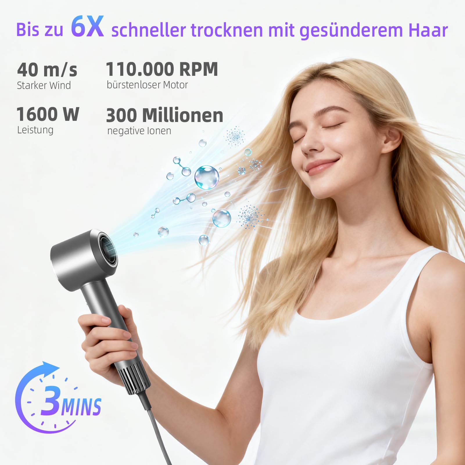 2026 Ionen Föhn & Professioneller Haartrockner, 110.000 RPM Bürstenloser Motor, Schnelles Trocknen, 300 Mio. Negative Ionen, Intelligente Temperaturkontrolle, Magnetdüse, Superleicht, 1600W（Edelgrau）