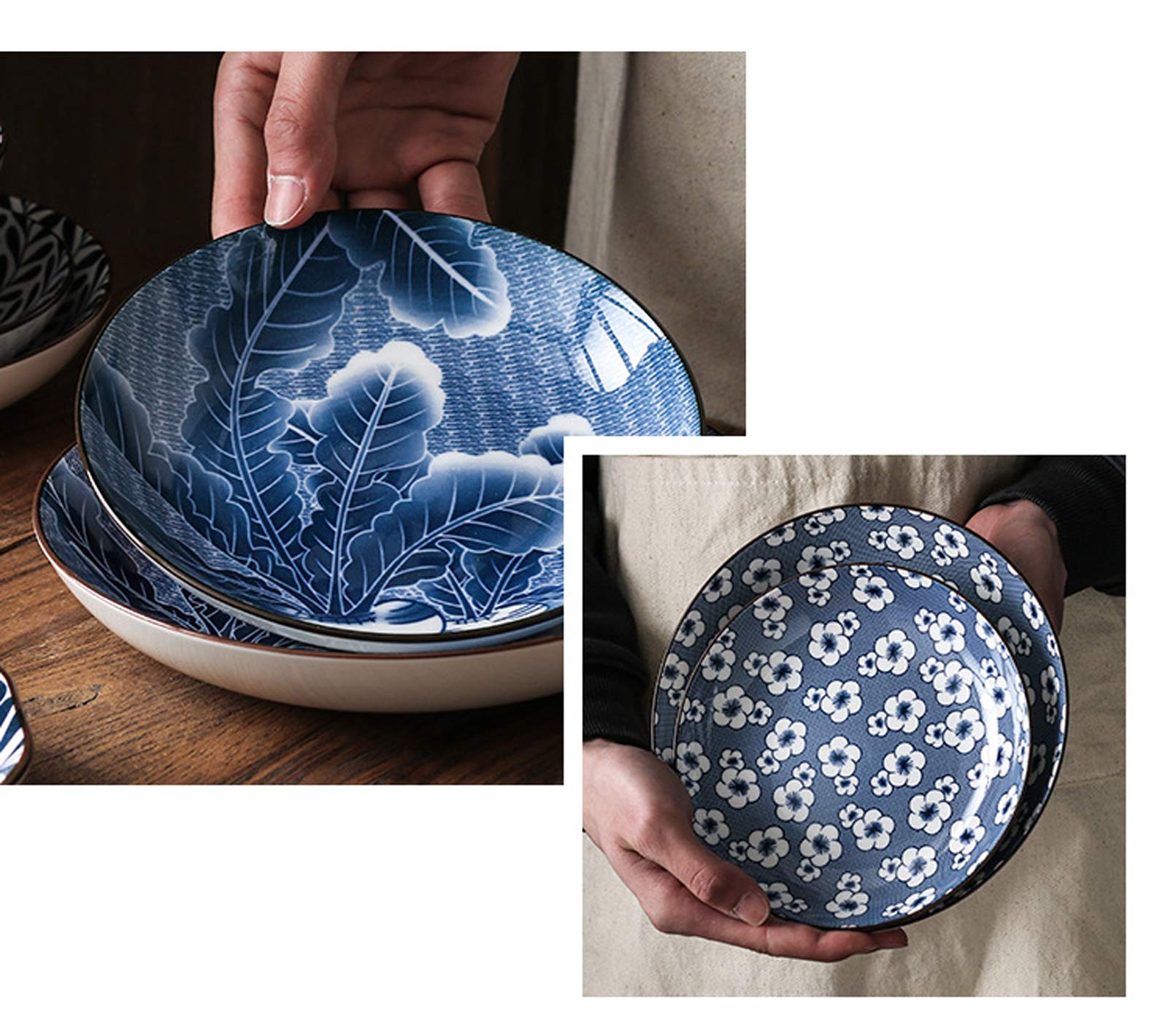 Gegong Plato de pescado de porcelana azul y blanco de 30,48 cm para servir plato floral de cena poco profunda, aperitivo, ensalada, postre y merienda
