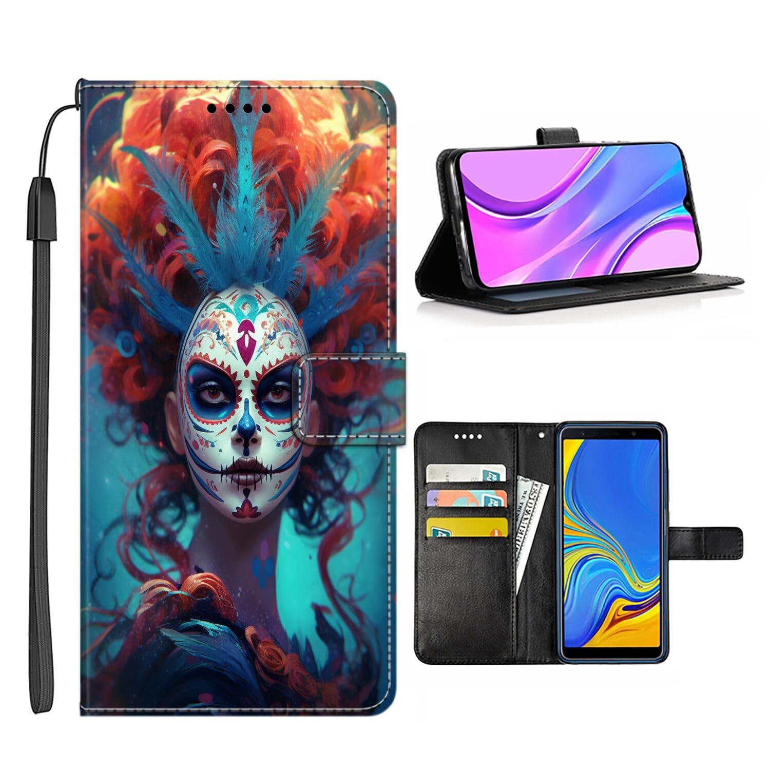 Wallet Case for Google Pixel 8 8 Pro 7 7 Pro 6 6a 6 Pro 5 5a 4 4a 4 XL 3 3 XL 2 2 XL 4G/5G with Sugar Skull-BN614,Multifunction Folio Pocket