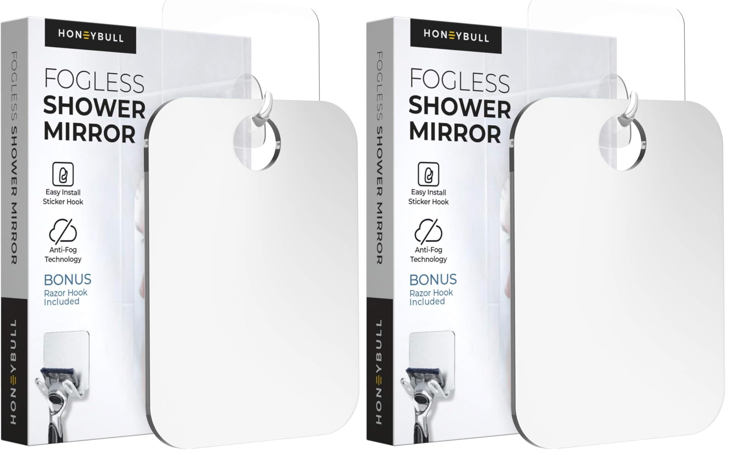 HONEYBULL Small 4x6in Wall Mount Home Mirror - Fogless Shower Shaving, Anti Fog, Razor Holder, Bathroom Accessories, Plastic, White, Travel (Pack of 2)