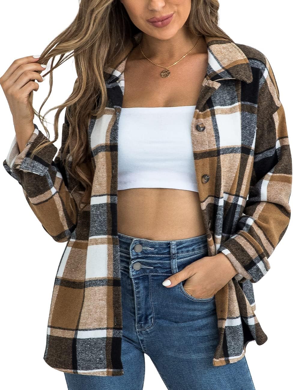 Traleubie Women's Flannel Jacket Plaid Shacket Lapel Button Down Long Sleeve Shirt Color Block Casual Coat - Image 2