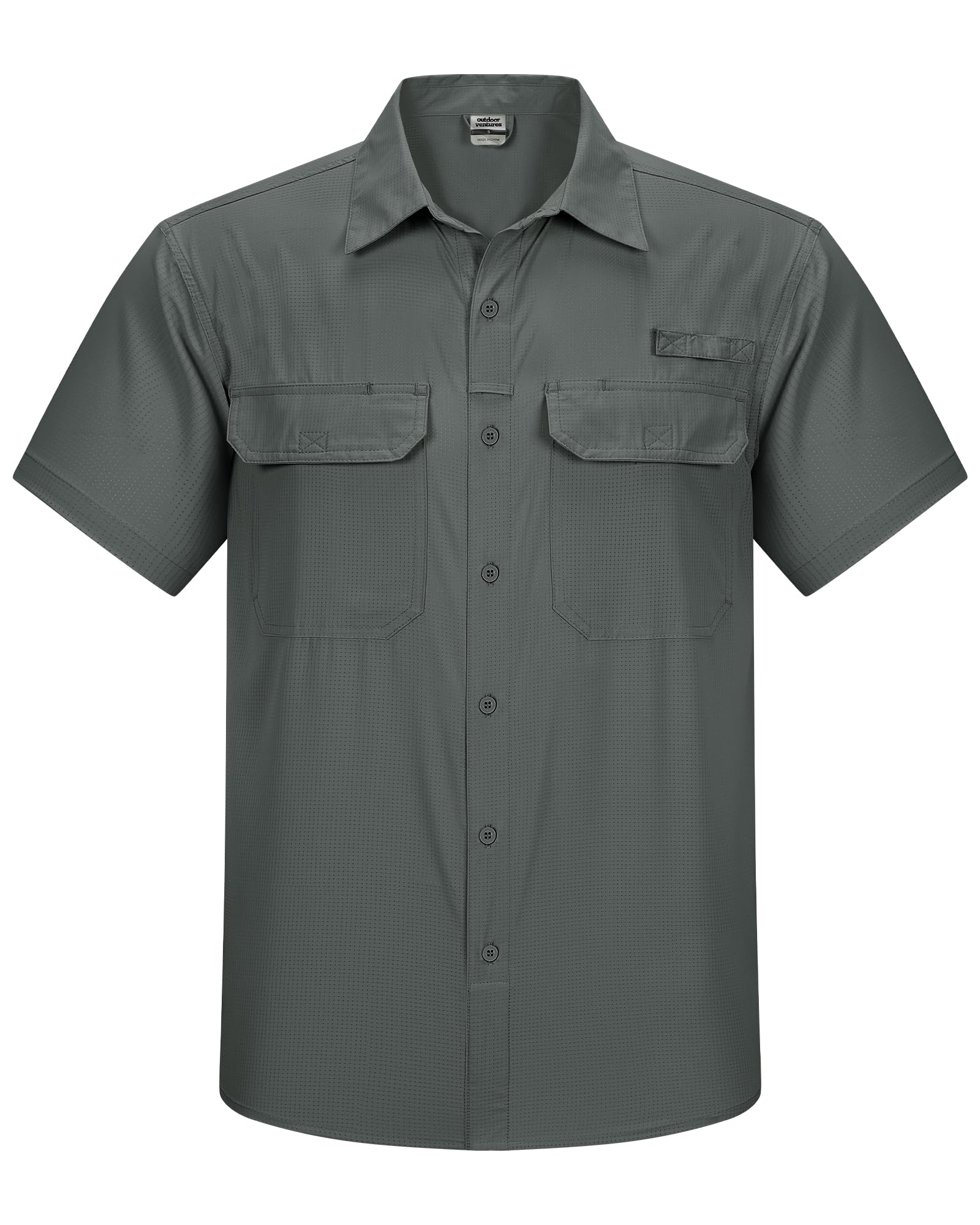 Outdoor Ventures Camisa de Pesca Ligera de Manga Corta para Hombre, UPF 50, con Botones, de Secado rápido, para Senderismo, Viajes, Safari, Gris Sombra, Small