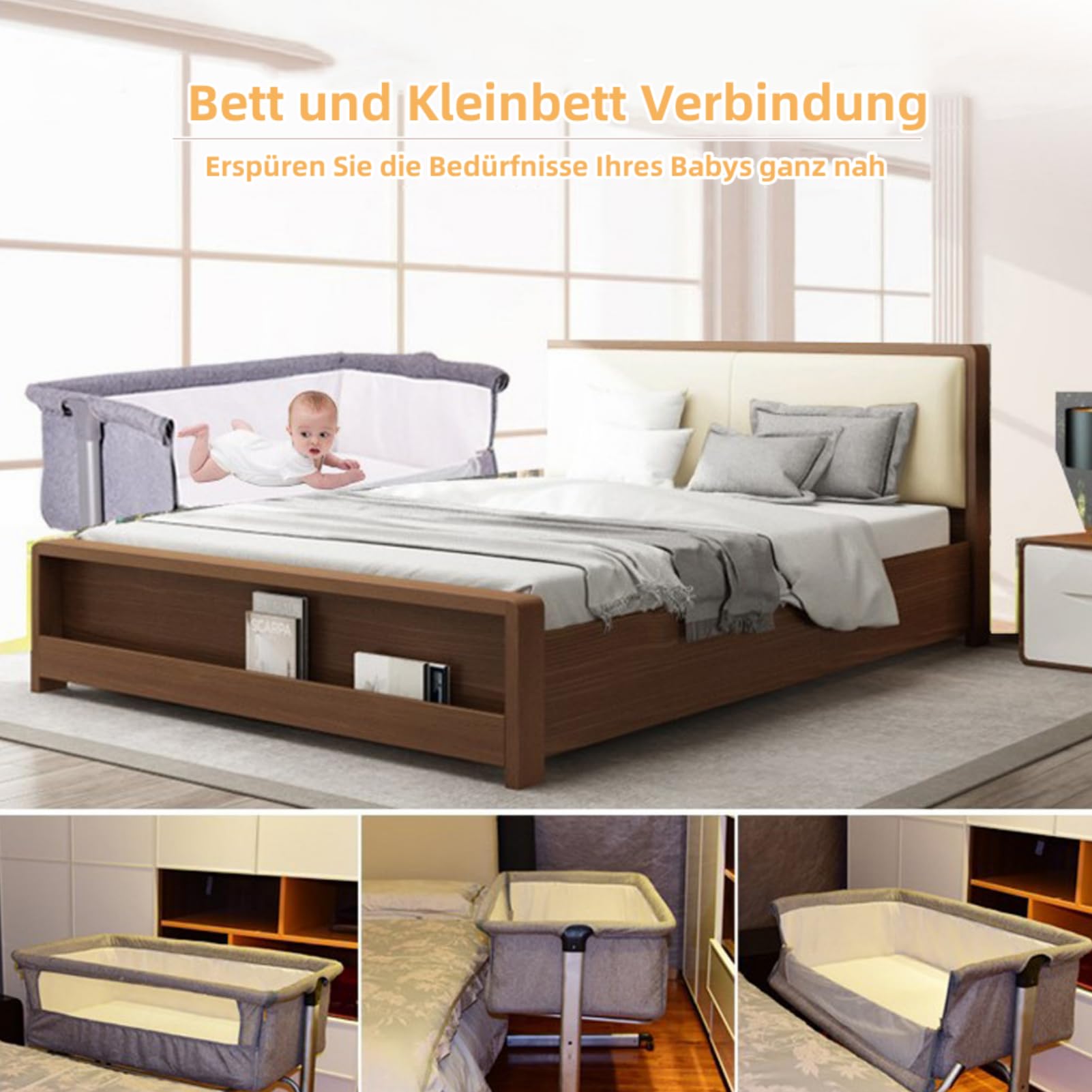 homewell Beistellbett Baby, 2 in 1 Babybett und Babywiege, Kinderbett mit Rollen, Moskitonetz, Lagerungstasche und Matratze, Höhenverstellbar Struktur aus Aluminiumlegierung (Stil 1, Grau)