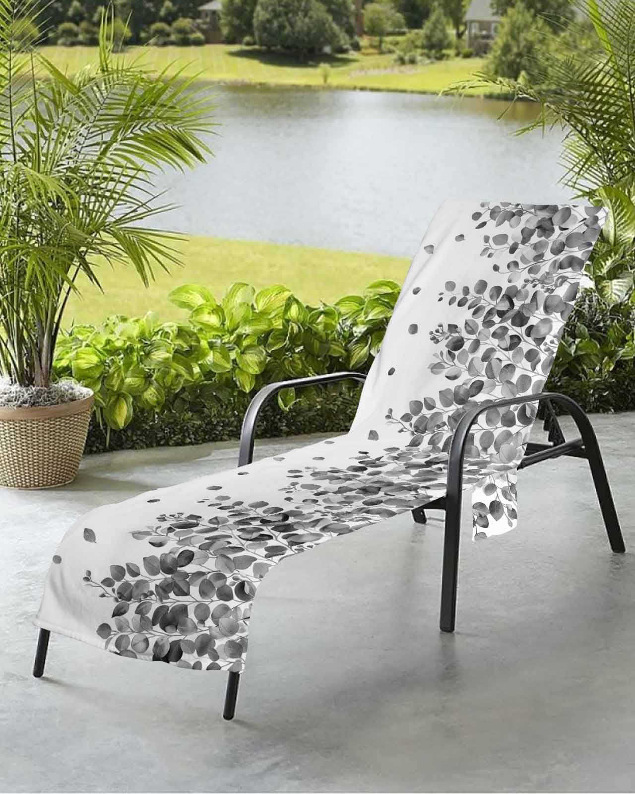 Eucalyptus Black Beach Chair Towel Covers for Chaise Lounge with Side Pocket, Soft Plush Pool Towels Cover for Patio Sunbathing Outdoor Watercolor Spring Botanical Leaves White 29''x85''