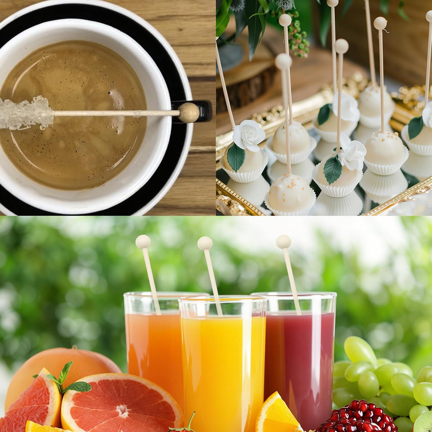 100 Pcs Rock Candy Sticks, 6 Inch Wooden Drink Stirrers with Ball