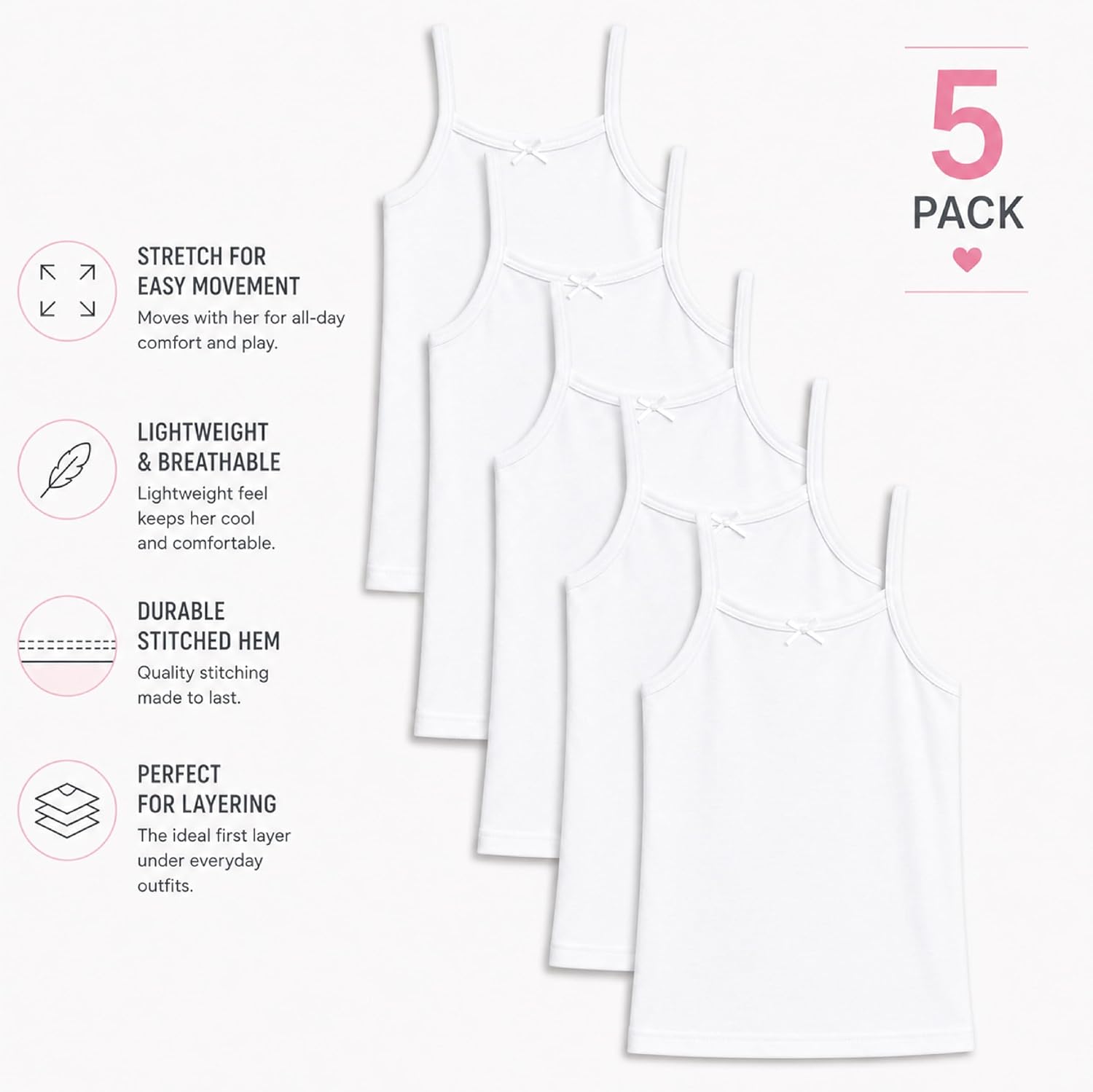 dELiA*s Girls Camisole - 5 Pack 100% Cotton Soft and Breathable Cami Tank Top Girls Undershirts (Sizes: 2T-14)