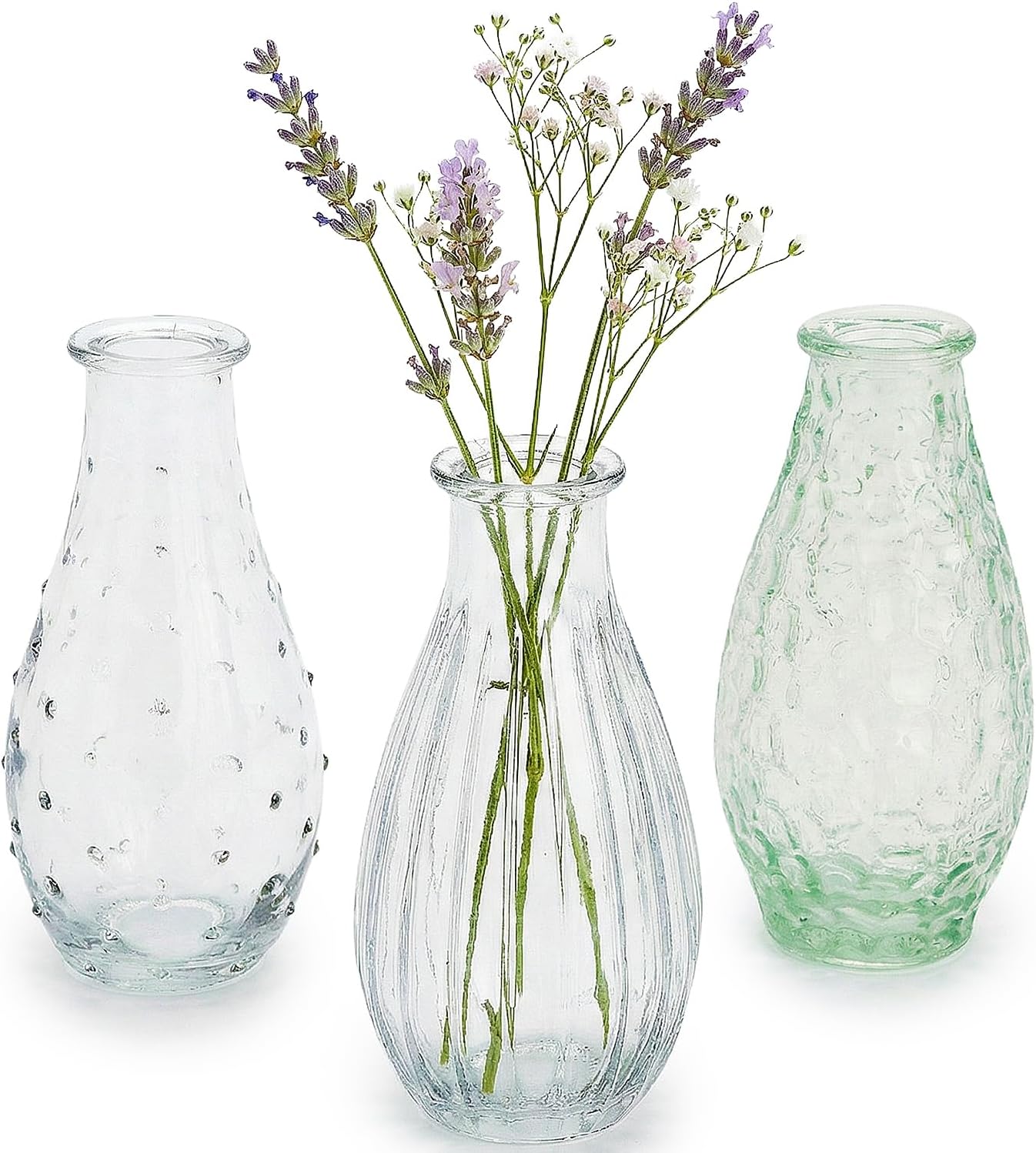 Clear Vintage Bud Glass Vase Set, 3 Pieces