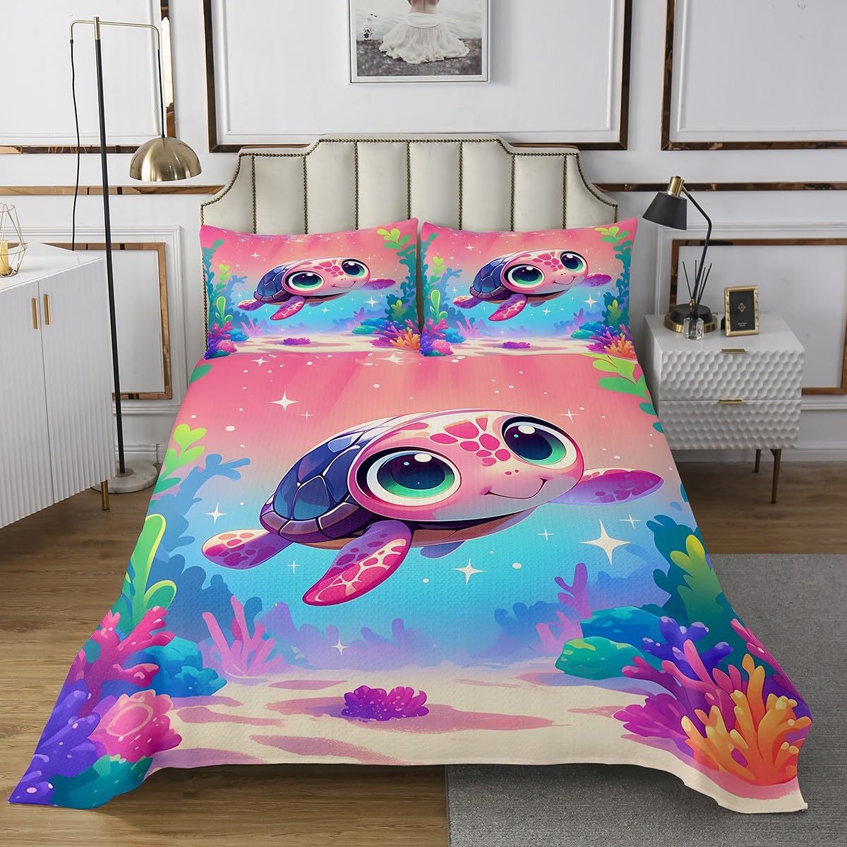 jejeloiu Ocean Themed Bedspread King Size Kawaii Sea Turtle Quilted Coverlet for Boys Girls Teens Cute Coverlet Set Bluish Pink