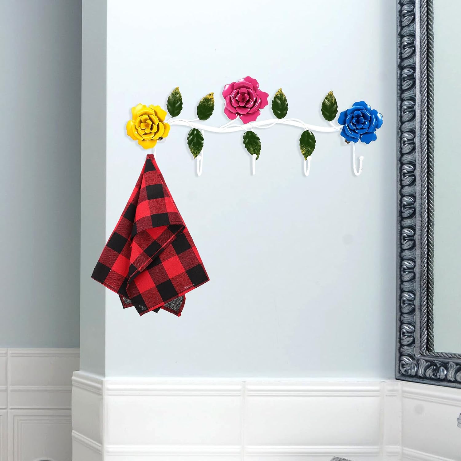 jojofuny Pastoral Style Rose Wall Hanging Hook Rack Iron Art Decorative Utility Hooks for Door Back Bag Clothes Coat Hat Towel Storage in Entryway and Bathroom