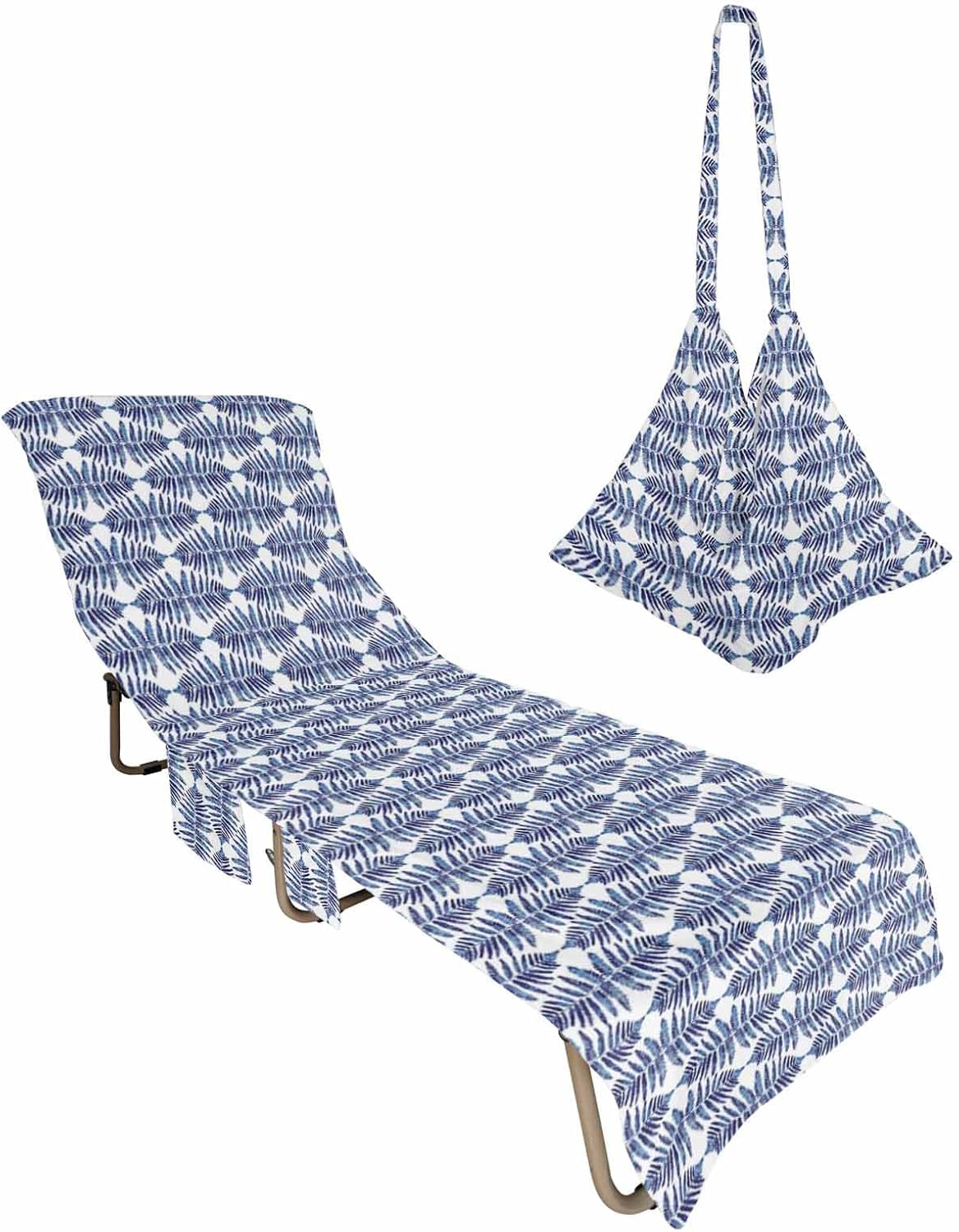Geometric Leaf Beach Pool Patio Lounge Chaise Chair Cover Towel With Pockets,Absorbent & Quick Dry Microfiber Towel Cover Bag Summer Accessories for Sunbathing Navy Blue Abstract Modern Minimalist Art