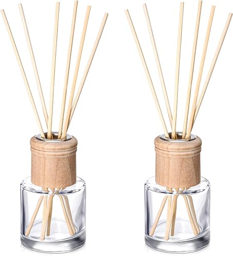 Miniatura 8 de Roshtia Juego de 8 botellas difusoras de varillas vacías recargables con fragancias de vidrio con tapas de madera, varillas de 1.7 onzas, tarros