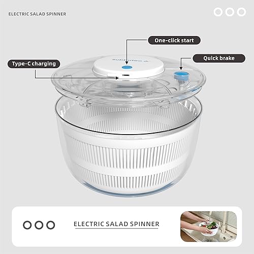 Miniatura 5 de Ensalada redonda eléctrica de 4 cuartos  Secado manos libres con gran capacidad, giro equilibrado estable para verduras crujientes