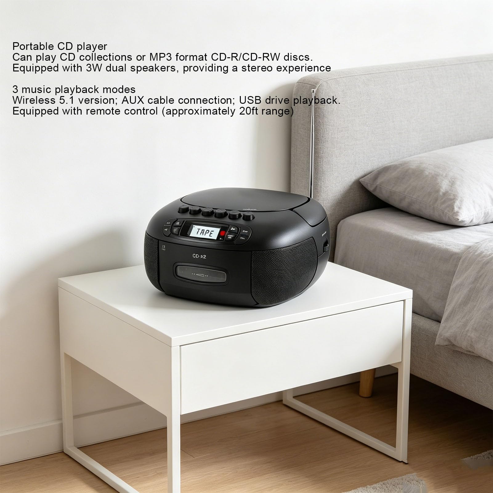 Odtwarzacz Kasetowy CD Boombox, Przenośny Odtwarzacz CD i Zestaw Odtwarzaczy Kasetowych z Bluetooth, Radiem AM FM, Wejściem USB AUX, Pilotem, Wyświetlaczem LCD, Zasilaniem (wtyczka UE)