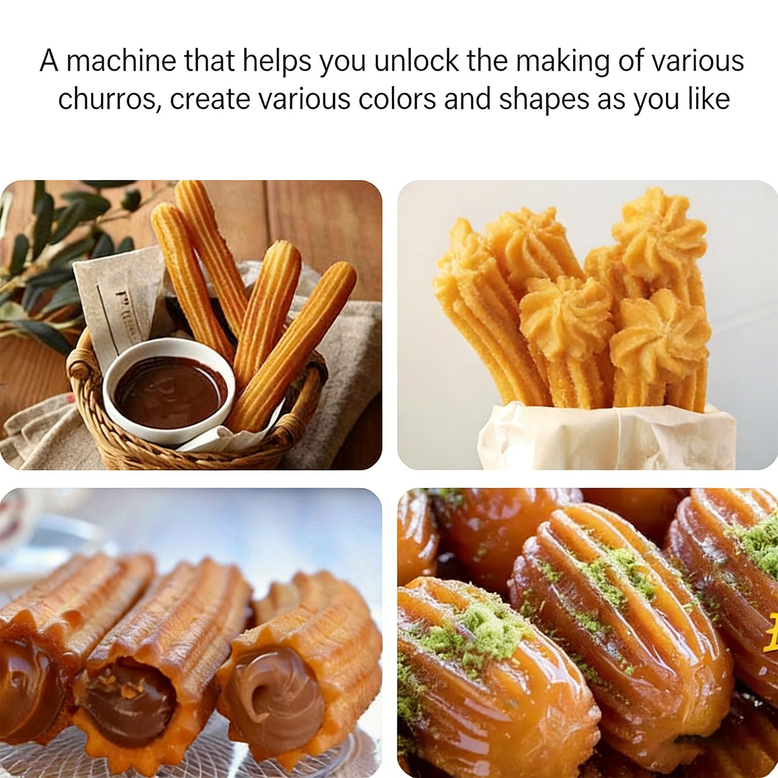 Churro Maker - ręczna hiszpańska maszyna do churrera, łatwa do czyszczenia stal nierdzewna, zawiera 4 dysze i beczkę do robienia pysznych churros i pączków