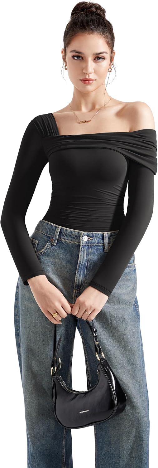 SUUKSESS Women One Off The Shoulder Trendy Casual Tops Ruched Long Sleeve Shirts - Image 4