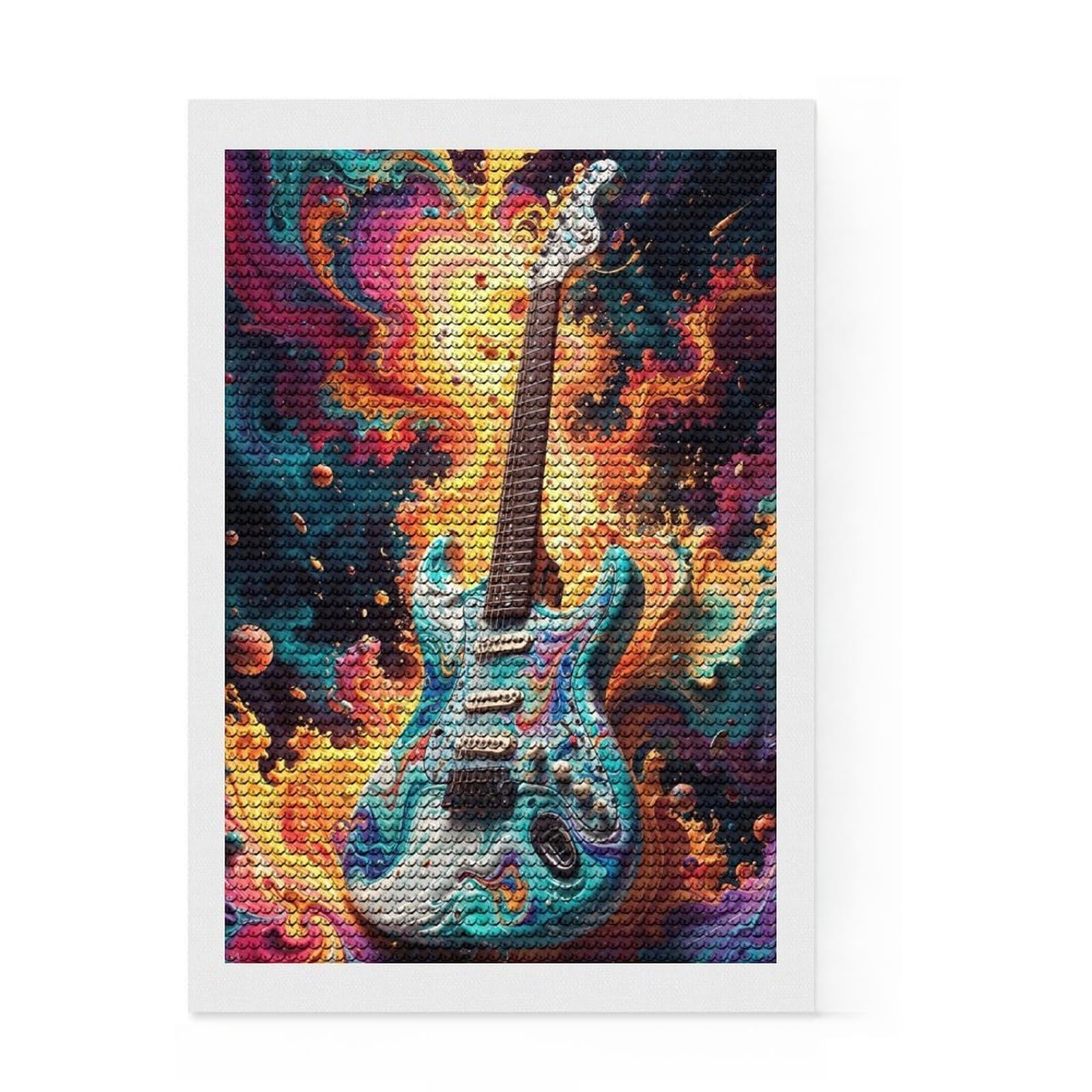 Junmoney Guitar Dream DIY Diamond Art Canvas Kit 8"x12", Easy to Enjoy, Easy Handmade Project, Cosy Home Accent, Festive Craft Gift