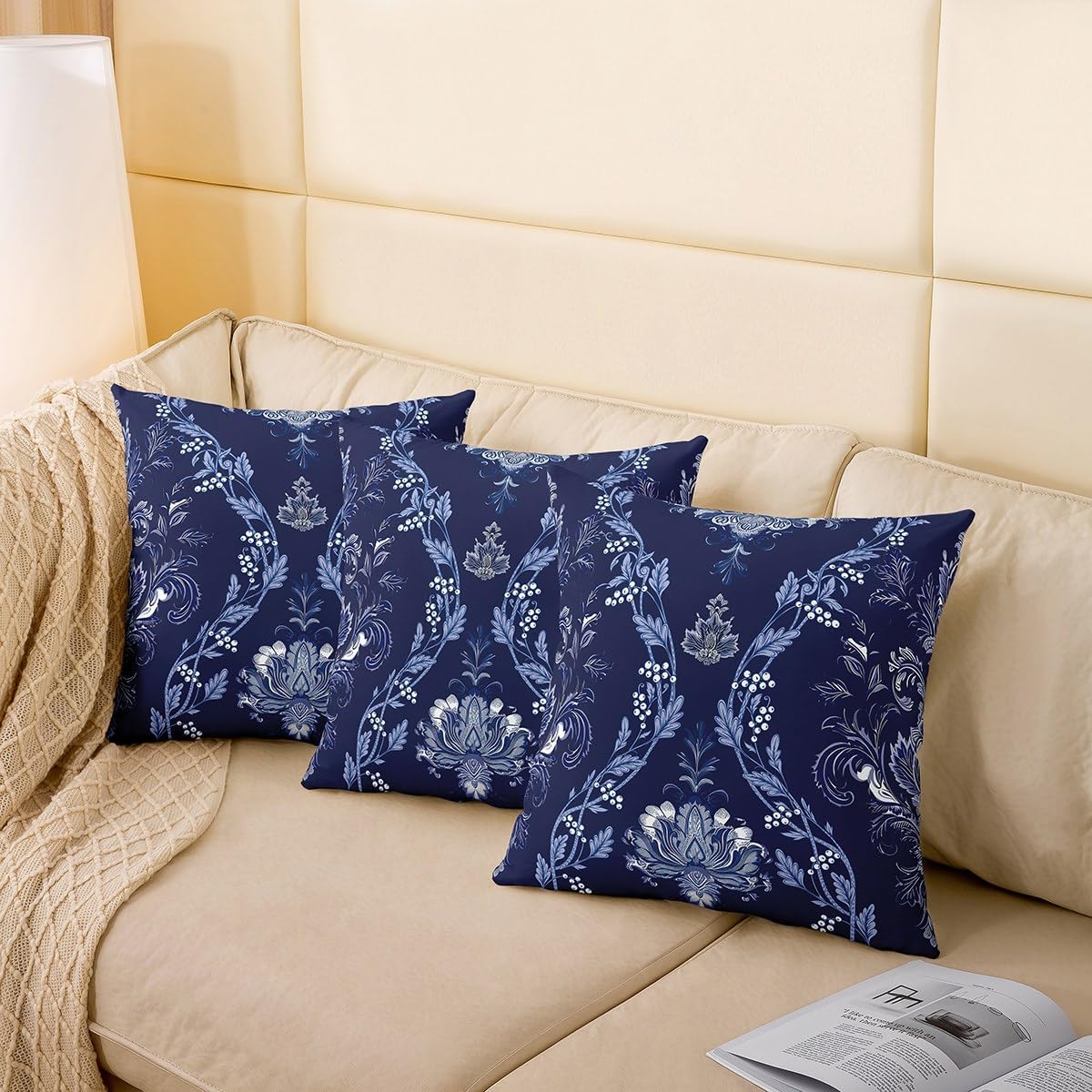 Set of 2 Baroque Floral Pillow Covers for Kids Boys Adults Men,Baroque Damask Victorian Flower Throw Pillow Covers 24x24 Navy Blue Bohemian Exotic Pillow Covers Fashion Decorative Pillow Covers