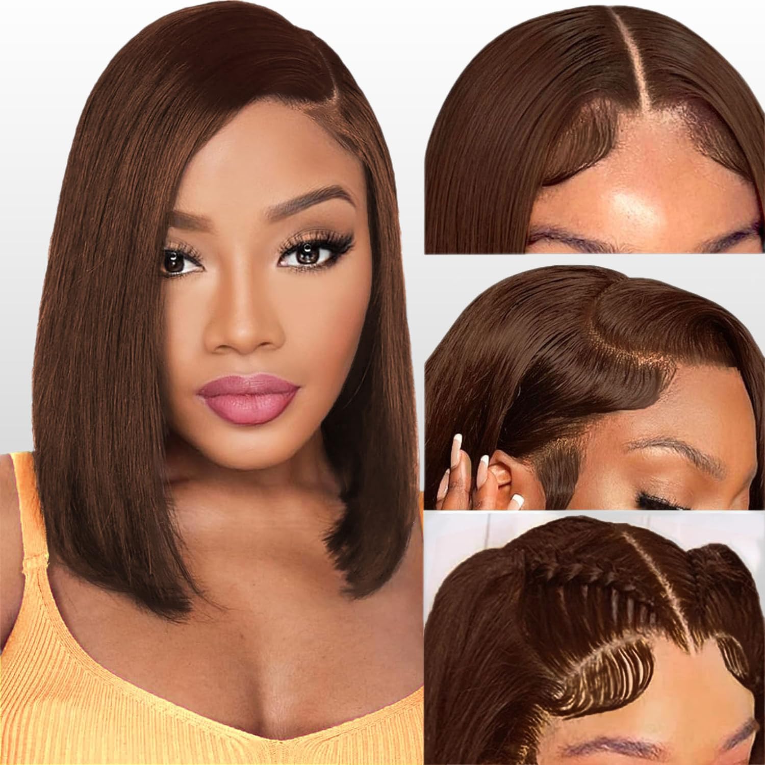 Lace Front Bob Wig Human Hair 13X4 Brazilian Virgin Wig Human Hair 150% Density Short Straight Bob Wigs Natural HD Transparent Chocolate Brown Color 8 Inch - Image 2