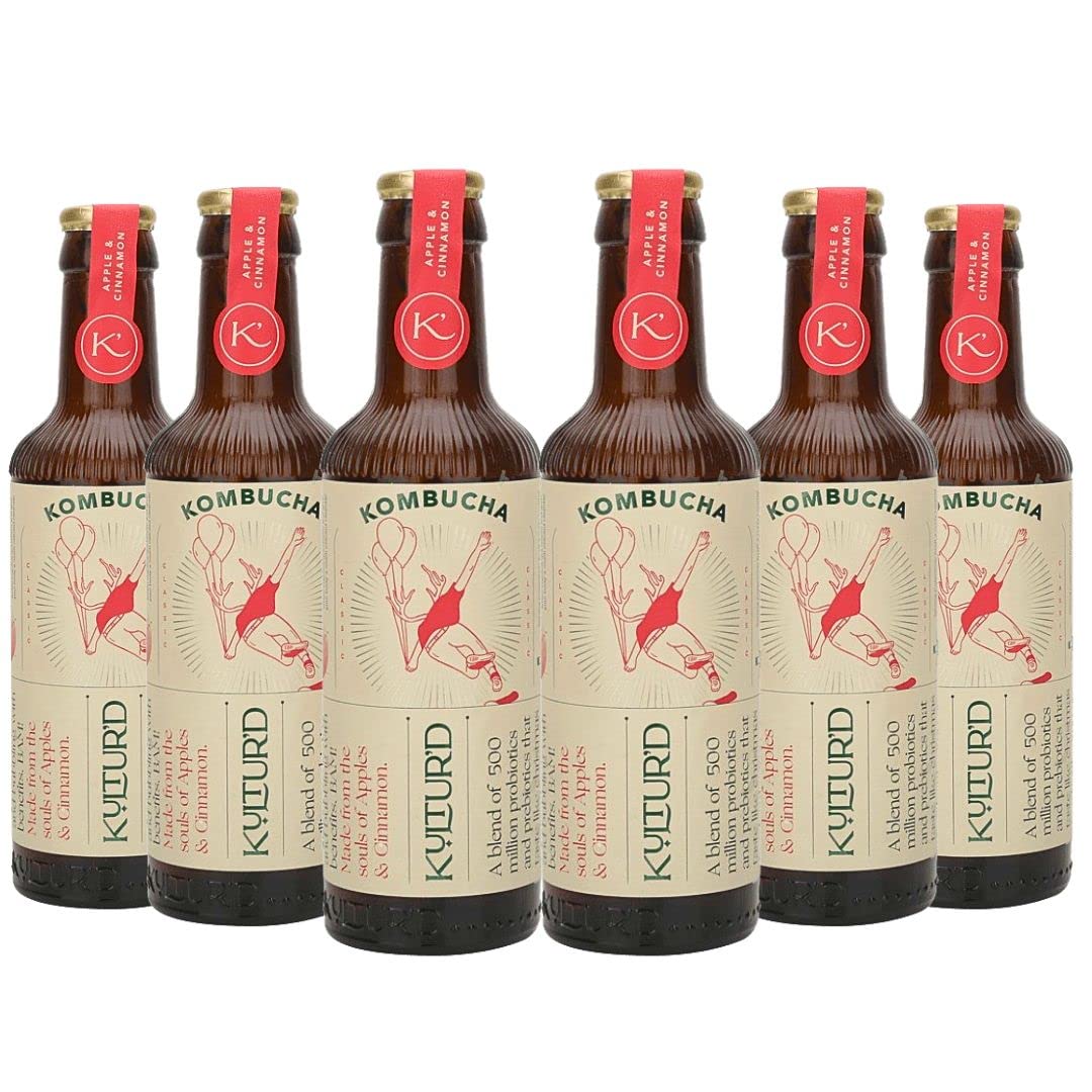 Apple Cinnamon Kombucha, Pack of 6 | Fermented, All natural, Gut Healthy Drink | 6 x 220ml | Vegan, Preservative free, Low calorie, Low sugar
