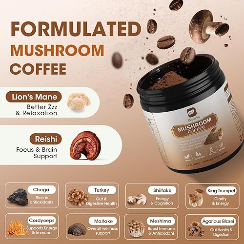 Café de hongos  Café instantáneo en polvo de hongos de melena de león con melena de león, Reishi, Chaga, Cordyceps, cola de pavo  8.82 oz de café de