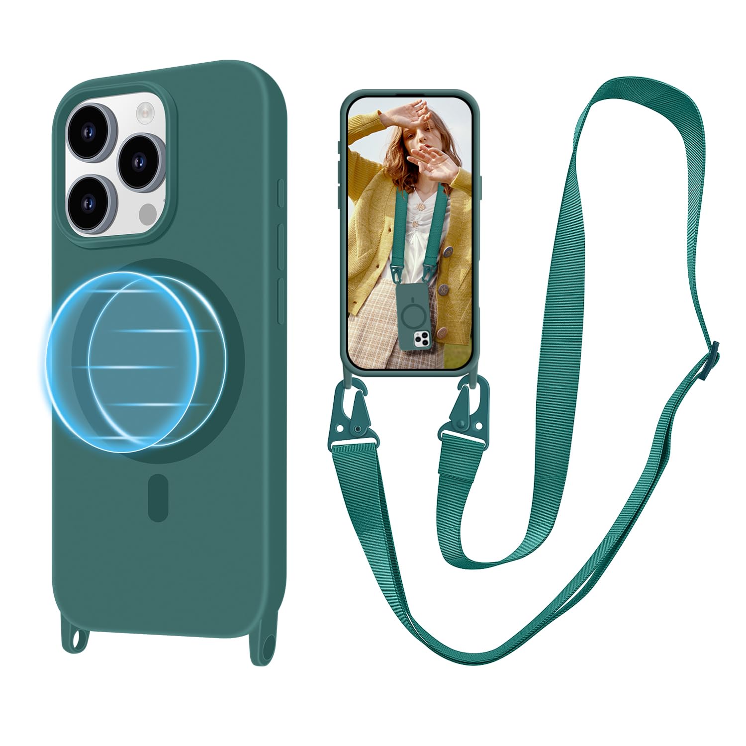VooDirop Collana Custodia Per IPhone 16 Pro Con Cinturino [MagSafe] - Silicone TPU, Cordino Regolabile, 36 Magneti, Nero - 3
