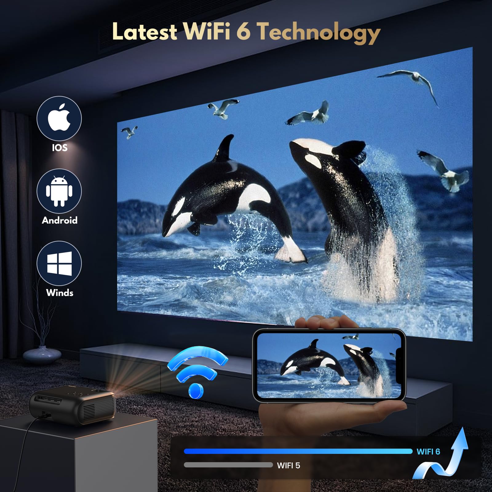 Mini proiettore con WiFi e Bluetooth, 1080p nativo, supporto 4K, altoparlante Premium, Smart Android TV OS, WiFi 6, Bluetooth 5.2 e correzione trapezoidale automatica, nero
