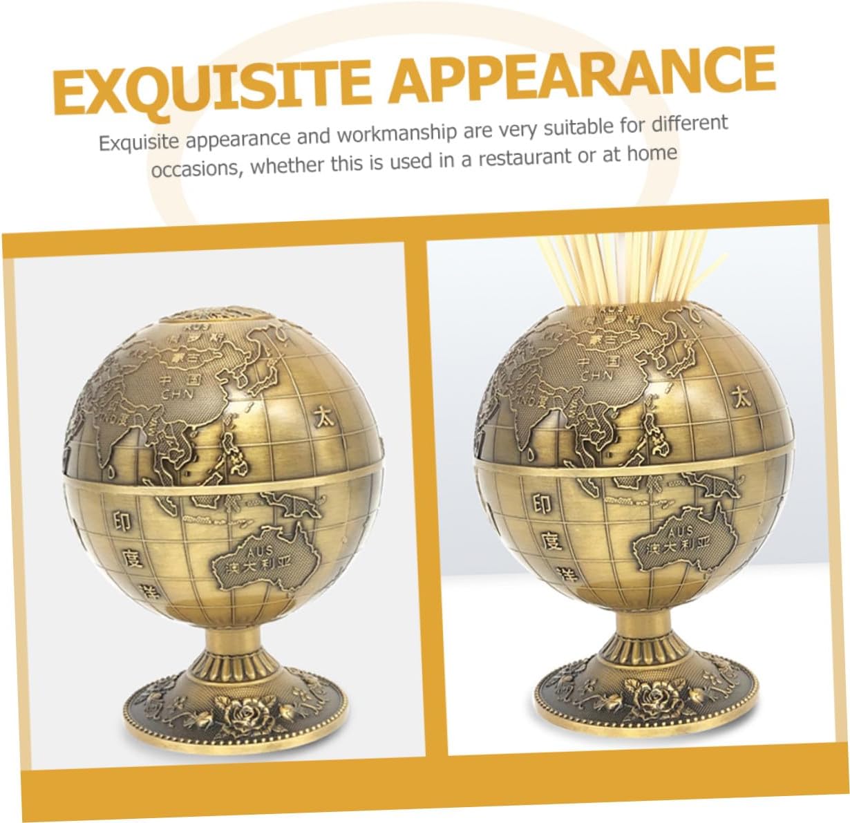 Toyvian Sphere Earth Pattern Press-type Toothpick Holder with Lid, Copper Finish 360° Rotating Toothpick Dispenser for Home Kitchen Dining Table Use
