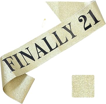 Luwigs Finally 21 Birthday Sash with Glitter Gold Sash with Black Foil 21st Birthday Decoration Sash for Men and Women Bday Party Favors Supplies Gold