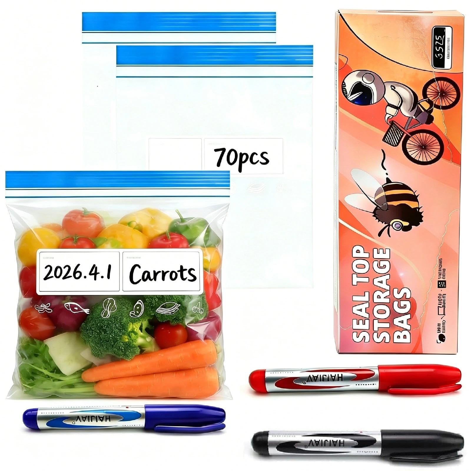 TIANLIN 70 Stück Wiederverwendbare Gefrierbeutel mit Zipper, 3 Größen (0.7L, 1.1L, 4L) Frischhaltebeutel mit 3 Farbstiften, Zipp Beutel für Lebensmittel, Obst, Gemüse, Fleisch, Snacks
