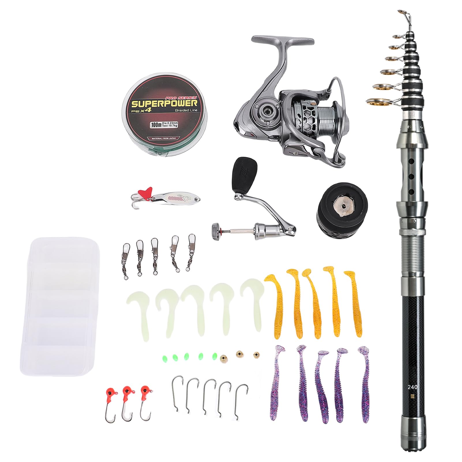Teleskop-Angelrute und Rollen-Set mit Angelschnur, Angelköder-Set mit Zubehör und Tragetasche, Angel-Spinnruten Rollen-Kombi-Set für Kinder Erwachsene Salzwasser Süßwasse
