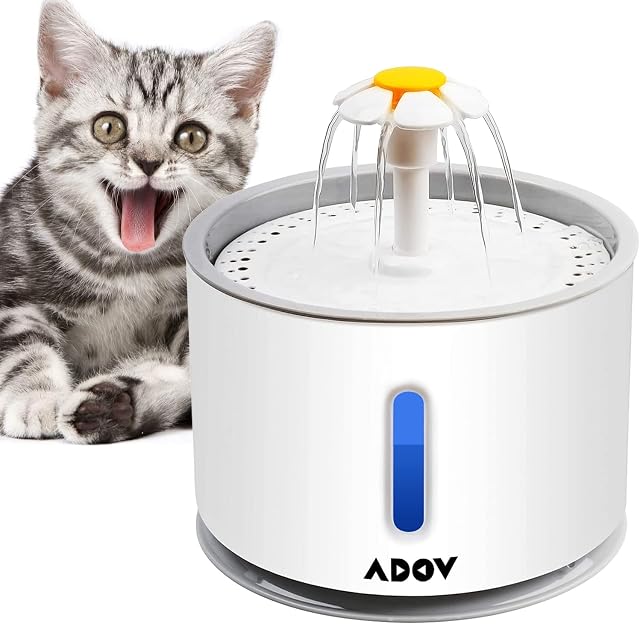ADOV Cat Water Fountain, 2.4L Automatic Electric Flower Style Dispenser with LED Water Level Window and Replaceable Filter, Ultra Quiet Healthy and Hygienic Pet Drinking Bowl for Kitten, Dogs Grey