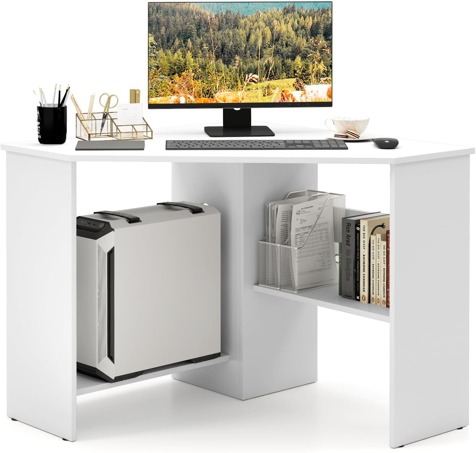Small Corner Desk, 90 Degree Triangle Computer Workstation with Storage Shelves & CPU Stand, White Corner Vanity for Bedroom, Wooden Table for Small Spaces