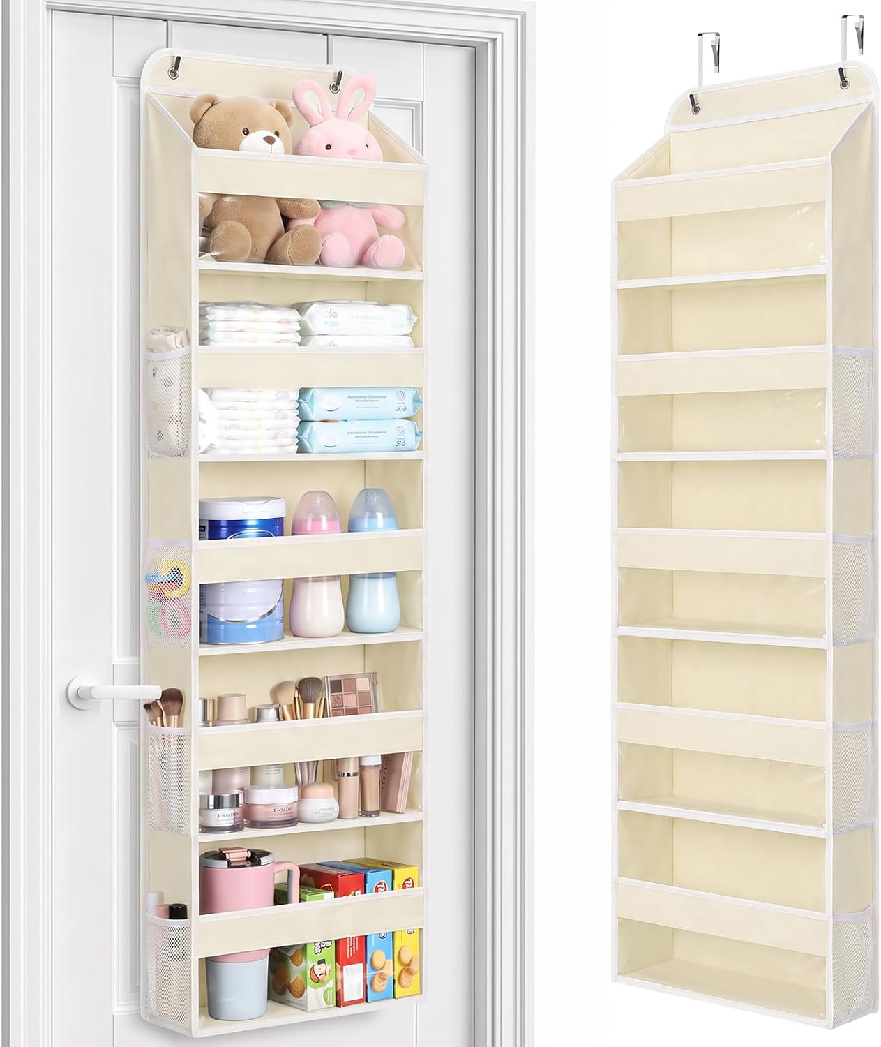 LAMU Over the Door Organizer, Large Capacity Behind the Door Storage with Clear PVC Windows, Heavy Duty Stuffed Animal Storage for Dorm Nursery Bedroom Closet Bathroom Pantry Shoes, 5 Tier Cream White