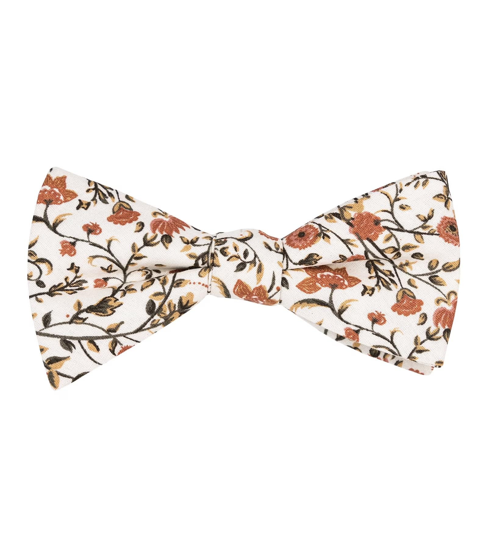 Db Dickie Bow Men's Dusty Orange, Cream & Moss Greens Floral Luxury Cotton Pre-Tied And Fully Adjustable Bow Tie (Dusty Orange, Cream & Moss Greens Floral) - Suitable For Formalwear, Office, Weddings, Parties, Grooms & Grooms Outfits