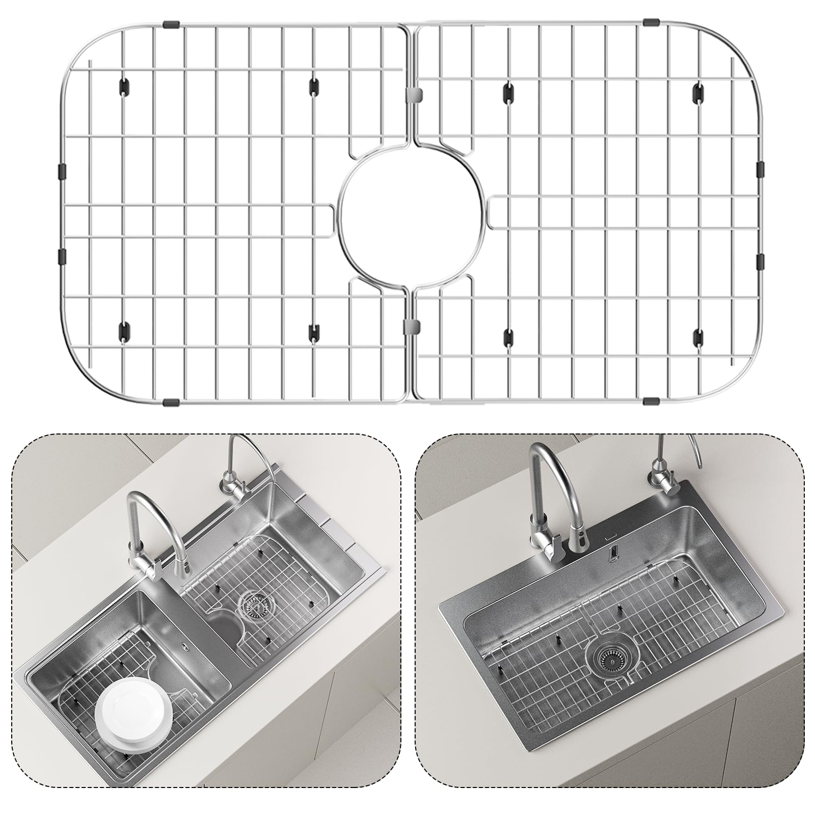 Protezione per lavello in acciaio inox, 66 x 35,6 cm, scarico centrato | Grande griglia per lavello da cucina, griglia di scarico antiruggine con protezione antigraffio