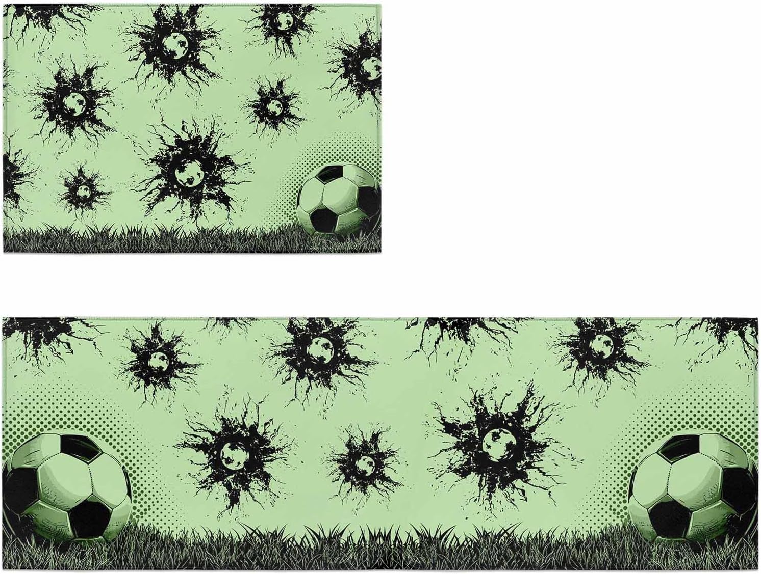 Kitchen Mats for Floor Modern Sport Art Football Grass Washable Non Slip Kitchen Rugs 2PCS, Green Black Abstract Texture Absorbent Standing Mats for Sink Office Living Room 15.7x23.6in+15.7x47.2in