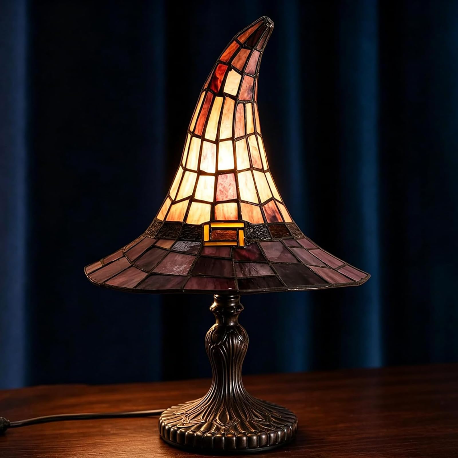 Stained Glass Witch Hat Lamp, Handcrafted Retro Resin Witch Lamp, USB Powered Gothic Wizard Hats Night Light, Halloween Home Decor Accent Lamps for Bedroom & Bookshelf (43cm)
