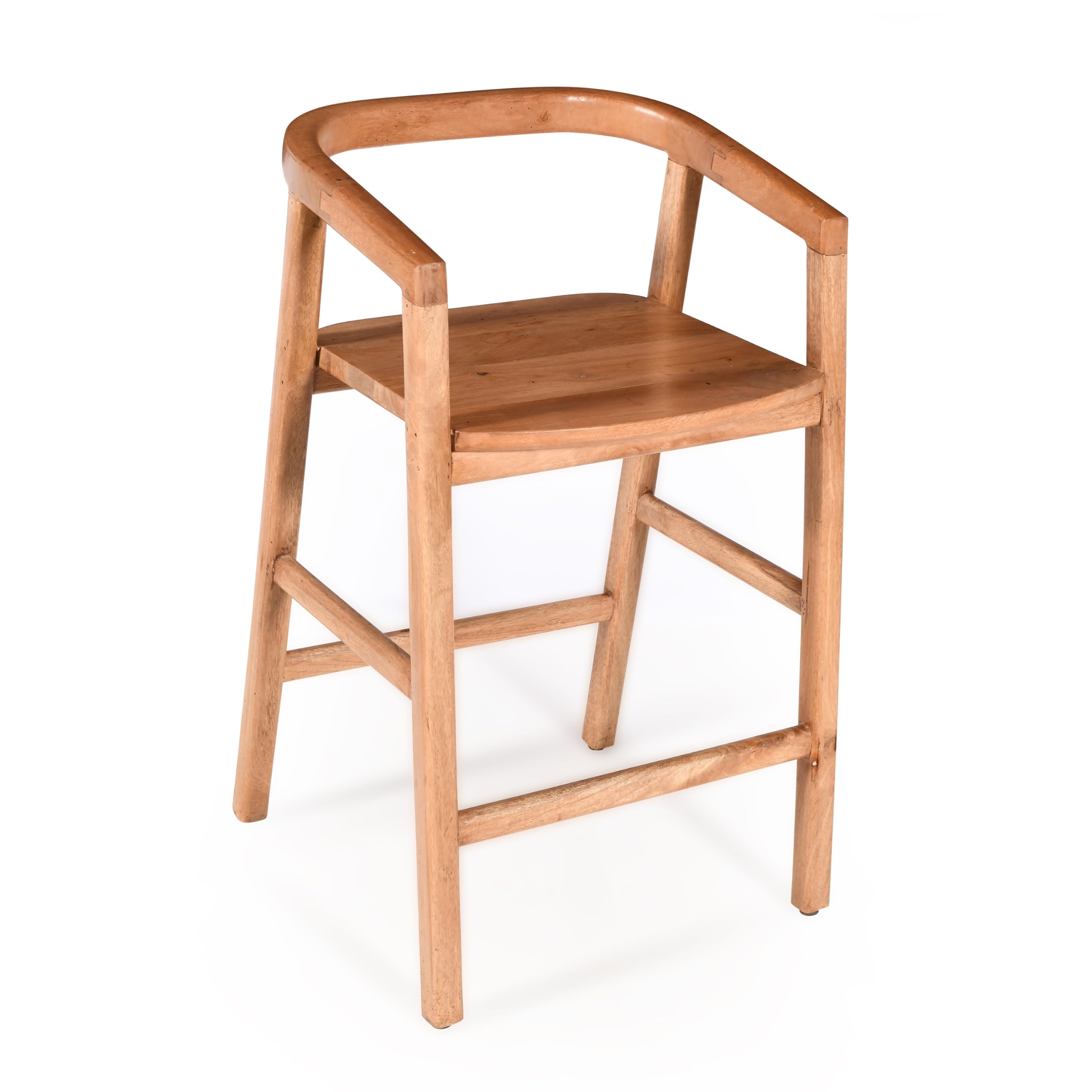Elm home and garden Solid Mango Wood Counter Height Bar Stool Chair – Light Oak Finish Fully Assembled Wooden Barstool with Backrest & Arms, No Veneer Kitchen Island Stool, Modern Farmhouse Dining