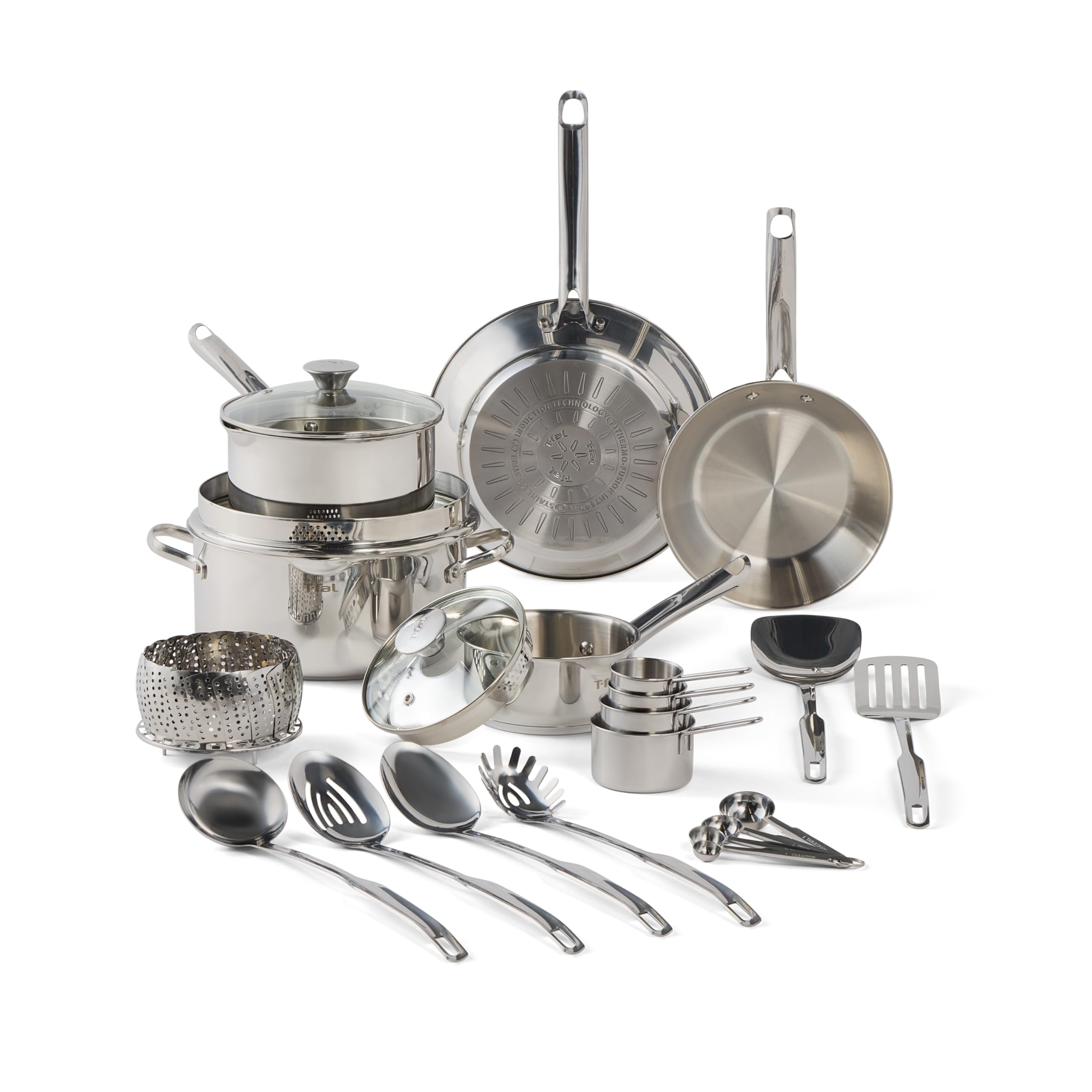 T-FalGourmet Stainless Steel Cookware Set: 20-Piece Kitchen Essentials, Induction Compatible, Dishwasher Safe, Oven Safe to 500F, Durable Pots and Pans with Steamer for Versatile Cooking