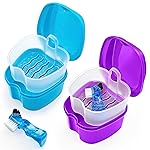 2 Pack Denture Case Dental Mouthguard Case, Denture Bath Box Cleaning with Brush, Strainer Basket and Lid Waterproof - Purple and Blue