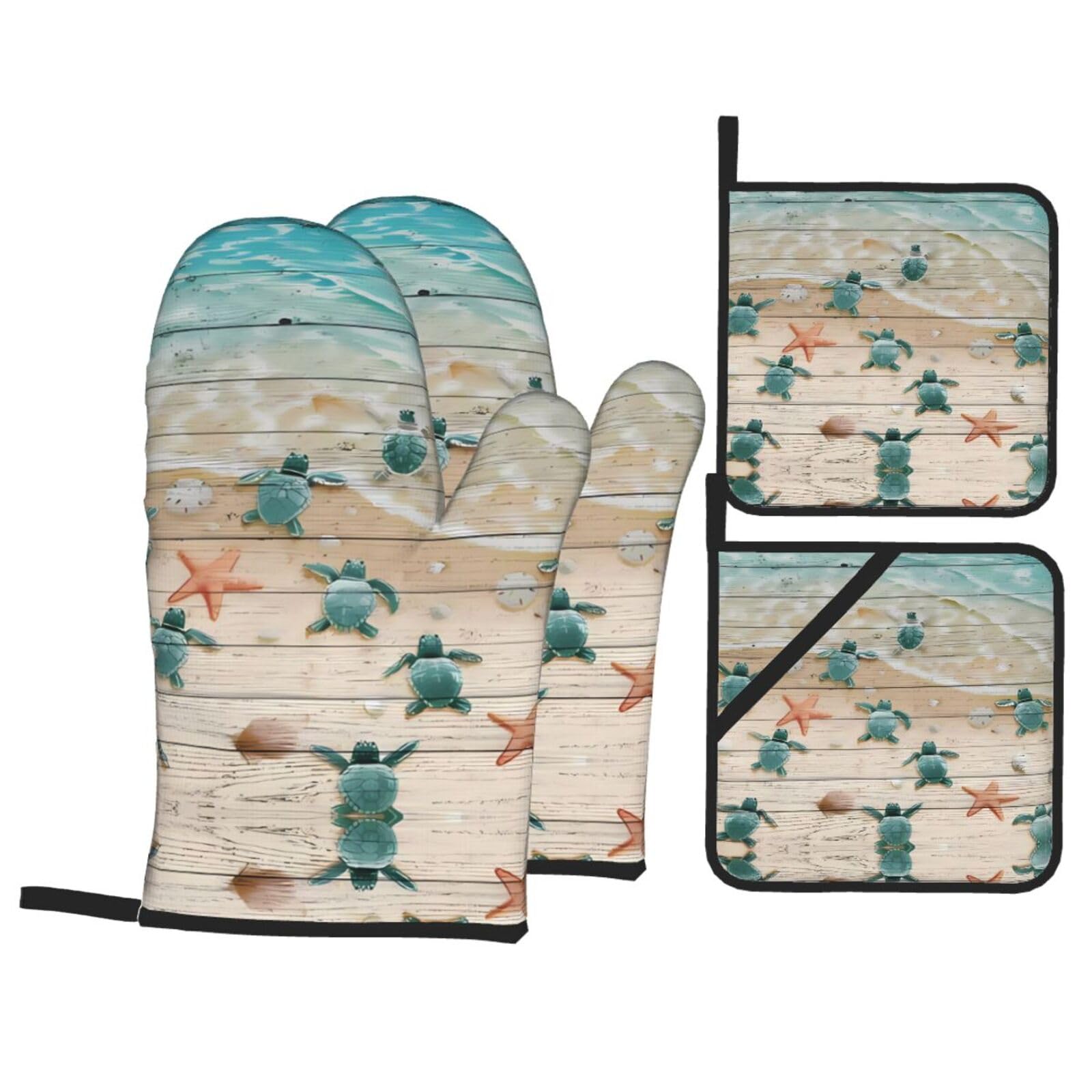 WHJSHOP Sea Turtle Starfish Prints Kitchen Layers: Waterproof Oven Covers for Safe Handling & Easy Cleanup – 4 Piece Heat Protection Bundle