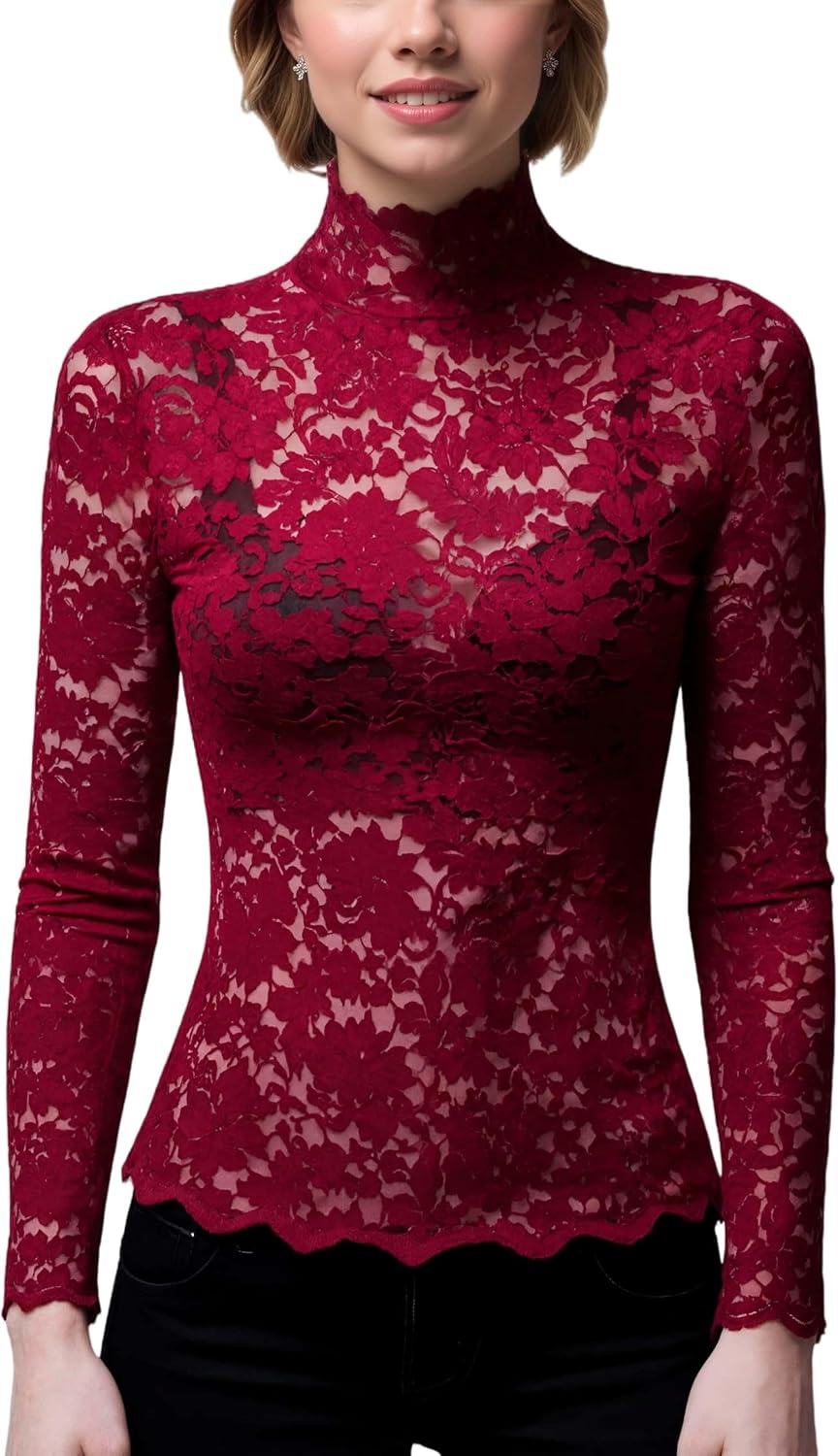 Women's Sexy Slim Fitting Long Sleeved Turtleneck Pullover Bottom Shirt Mesh Lace Perspectives T-Shirt Top - Image 2