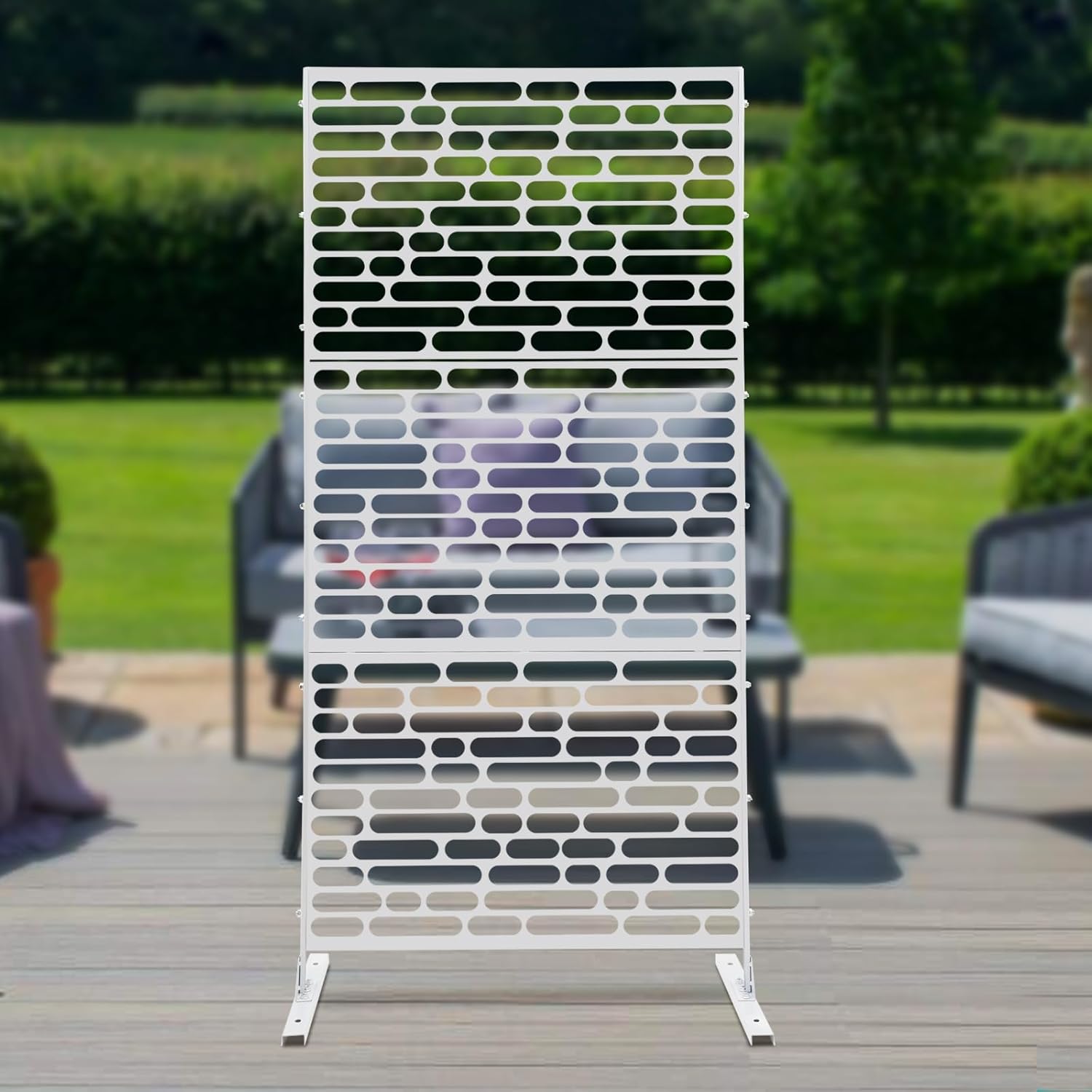 Outdoor Privacy Screen, 75" H x 35" W Metal Patio Privacy Screen with Stand, Freestanding Privacy Fence Panels for Patio, Garden, Indoor (White Irregular Oval Pattern)