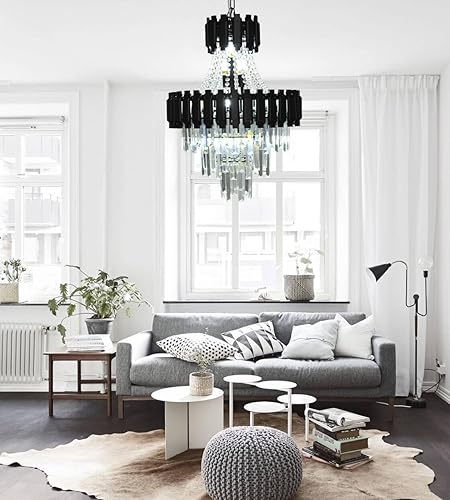 Miniatura 2 de Vimatto Candelabro moderno de cristal negro, estilo imperio, iluminación de 20.5 pulgadas, 11 luces, lámpara de cristal colgante de gota de lluvia